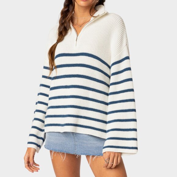 Oversized Quarter Zip Striped Womens Sweater - Picture 1 of 5